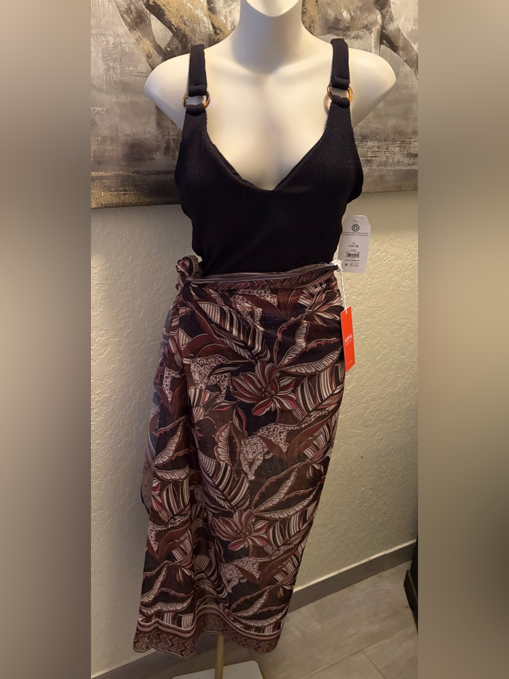 Floral Brown Tie-Waist Swim Cover-Up Wrap with one piece swimsuit.
